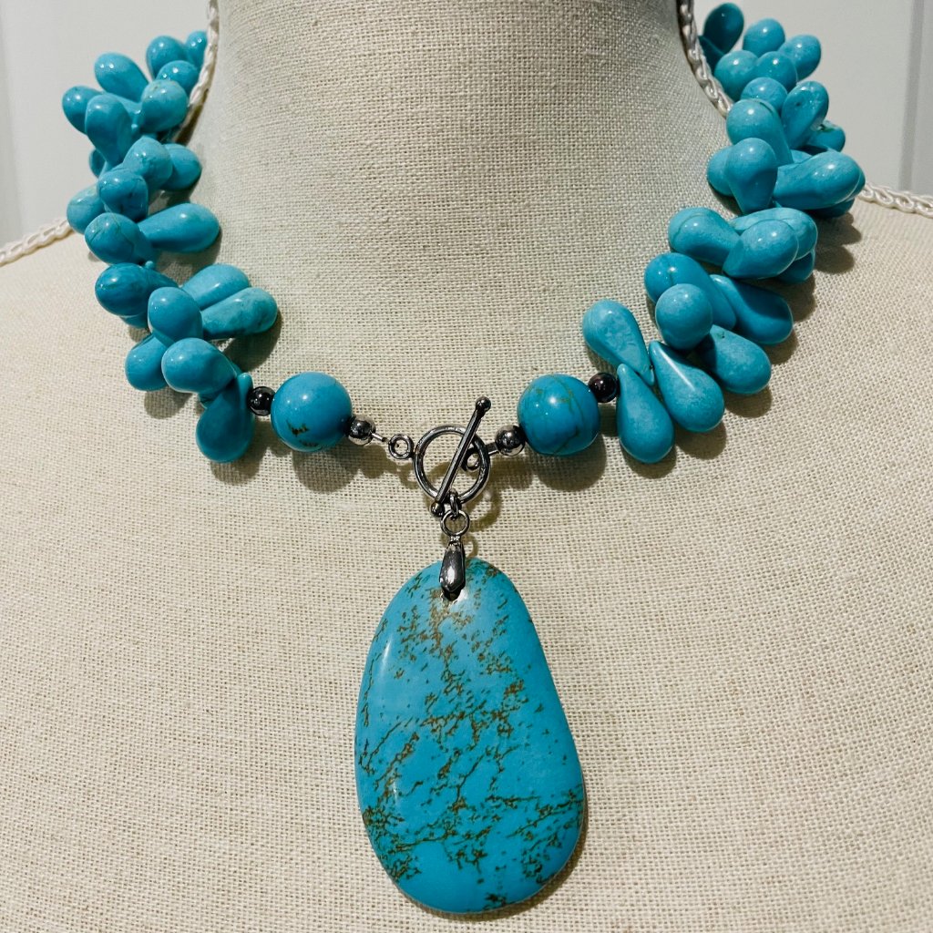 Turquoise Briolette Necklace With Large Drop And Front Toggle Closure
